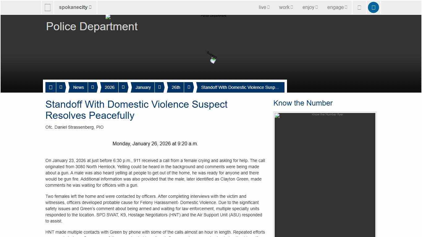 Standoff With Domestic Violence Suspect Resolves Peacefully - City of Spokane, Washington